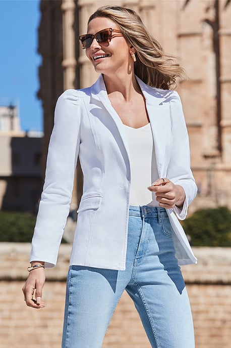 Petite White Denim Ruched Shoulder Blazer - Image 5