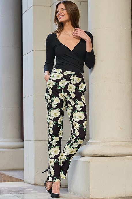 Black & Ivory Floral Print Tapered Trousers - Image 2