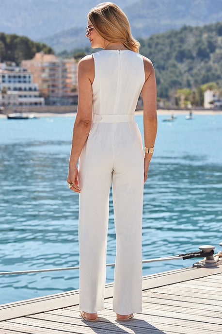 White Wide Leg Linen Blend Wrap Front Jumpsuit - Image 3