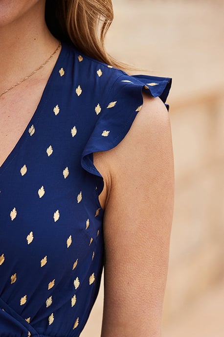 Petite Deep Blue & Gold Metallic Fleck Belted Jumpsuit - Image 3