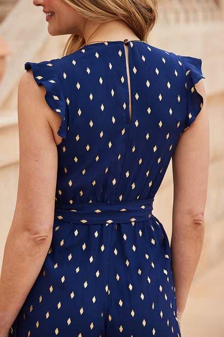 Petite Deep Blue & Gold Metallic Fleck Belted Jumpsuit - Image 4