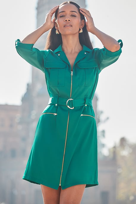 Green Satin Zip Front Utility Shirt Dress - Image 2