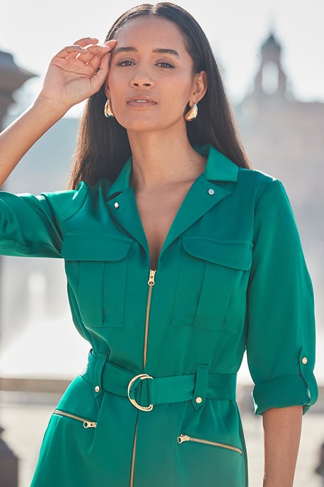 Green Satin Zip Front Utility Shirt Dress - Image 5