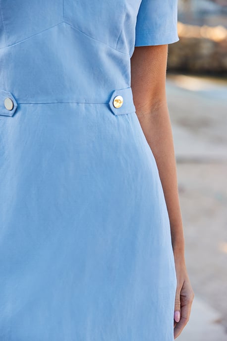 Powder Blue Linen Blend Fit & Flare Dress - Image 4