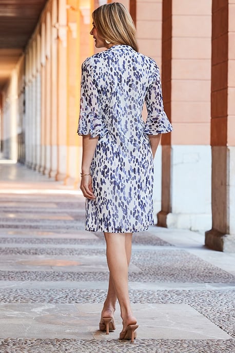 Navy Blue Abstract Print Ruffle Sleeve Tie Neck Dress - Image 3
