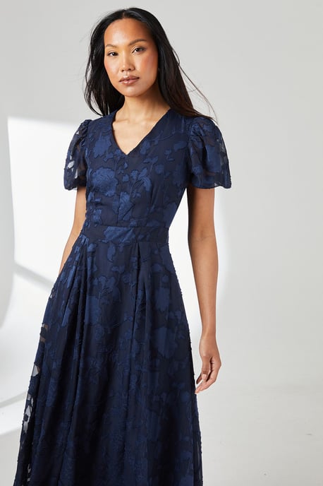 Floral Jacquard Puff Sleeve Midi Dress - Image 2