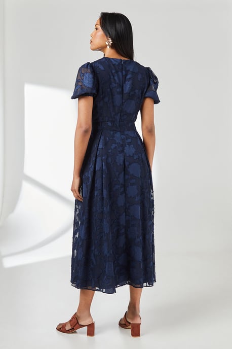 Floral Jacquard Puff Sleeve Midi Dress - Image 3
