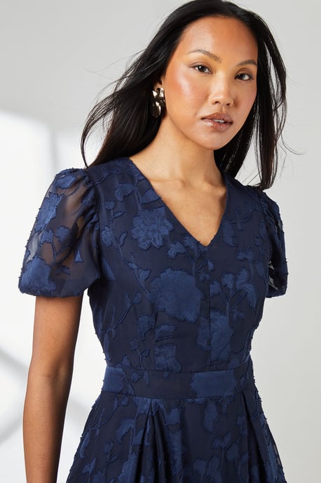 Floral Jacquard Puff Sleeve Midi Dress - Image 4