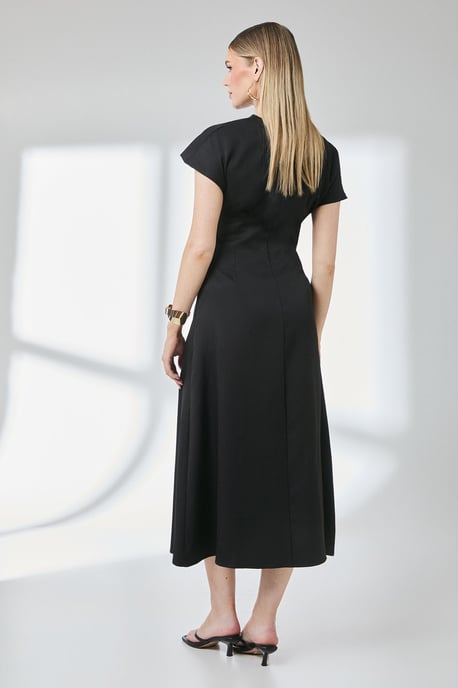 Black Asymmetric Neckline Contrast Cuff Midi Dress - Image 3