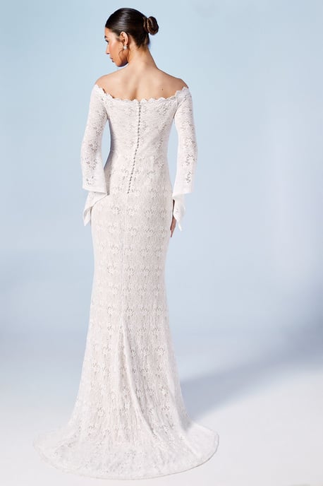 Bardot Boho Lace Fishtail Wedding Dress - Image 3