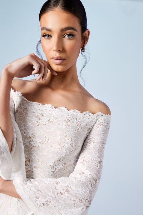Bardot Boho Lace Fishtail Wedding Dress - Image 4