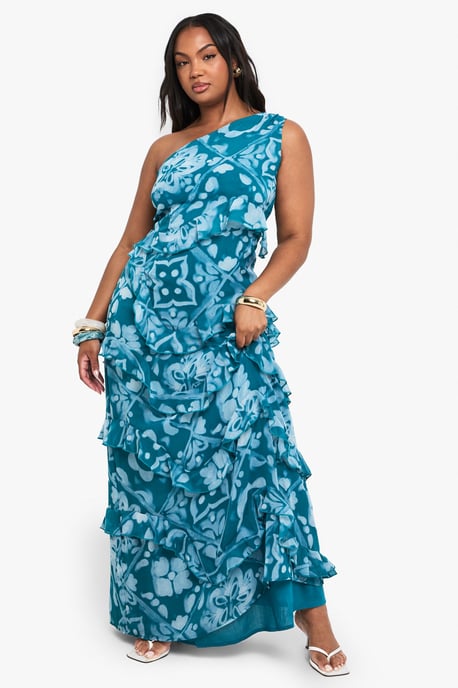 Plus Tile Print Chiffon Asymmetric Maxi Dress - Image 3