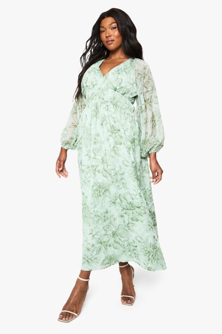 Plus Floral Chiffon Ruched Blouson Sleeve Maxi Dress - Image 3