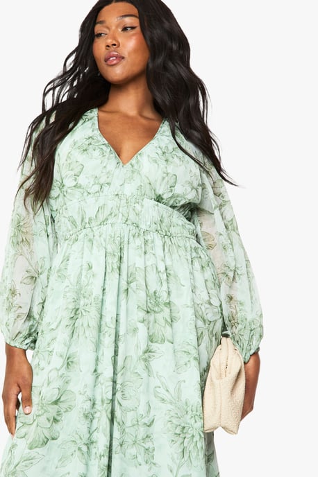 Plus Floral Chiffon Ruched Blouson Sleeve Maxi Dress - Image 4