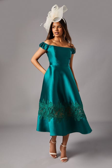 Petite Bardot Twill Midi Dress With Lace Trim - Image 1