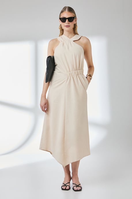 Sand Ruched Detail Linen Asymmetric Hem Halter Midaxi Dress - Image 1