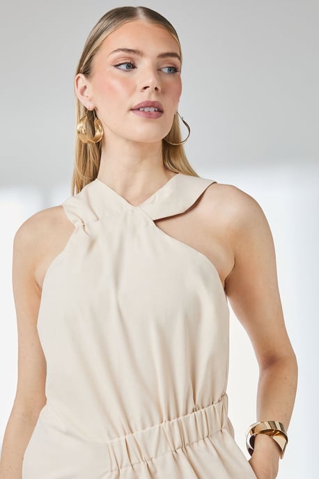 Sand Ruched Detail Linen Asymmetric Hem Halter Midaxi Dress - Image 3