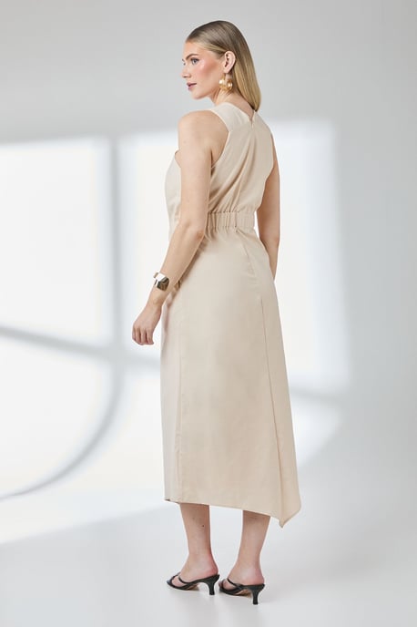 Sand Ruched Detail Linen Asymmetric Hem Halter Midaxi Dress - Image 4
