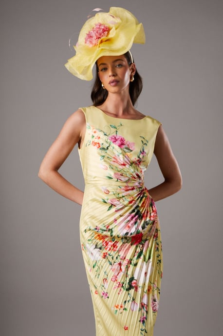 Lisa Tan Pleated Floral Midi Dress With Pleat Detail - Image 2