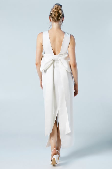Plunge Neck Structured Satin Bow Back Wedding Dress - Image 4