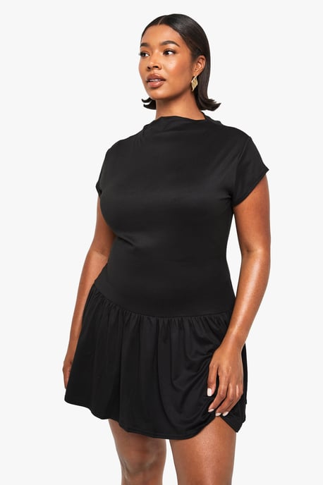 PLUS SUPERSOFT HIGH NECK DROP HEM SKATER DRESS - Image 3