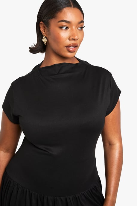 PLUS SUPERSOFT HIGH NECK DROP HEM SKATER DRESS - Image 4