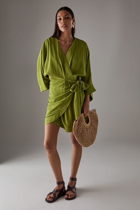Linen Wrap Kimono Mini Dress - Image 2