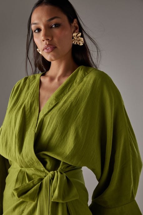 Linen Wrap Kimono Mini Dress - Image 4