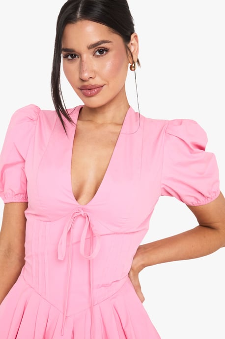 Tall Corset Detail Puff Sleeve Milkmaid Skater Dress - Image 4