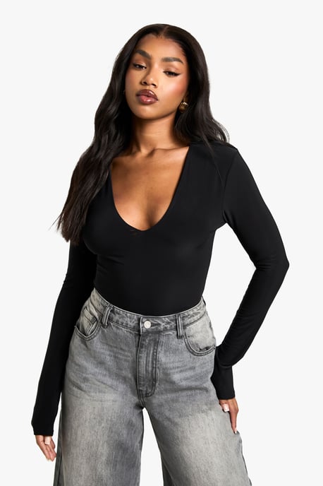 Double Layer Slinky Plunge Front Long Sleeve Bodysuit - Image 1