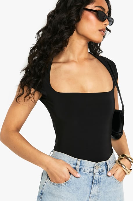 Double Layer Slinky Square Neck Cap Sleeve Bodysuit - Image 1