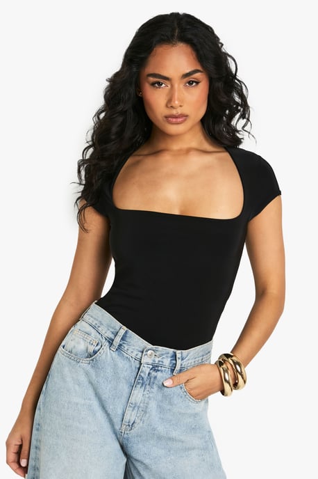 Double Layer Slinky Square Neck Cap Sleeve Bodysuit - Image 3