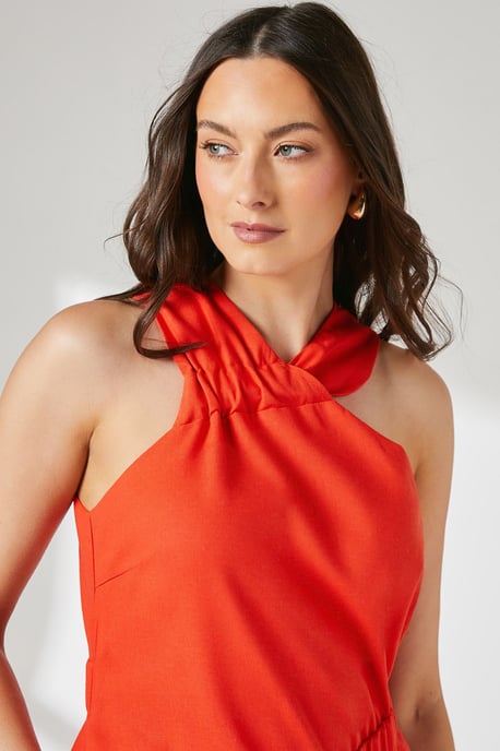 Ruched Detail Linen Asymmetric Hem Halter Midaxi Dress - Image 4