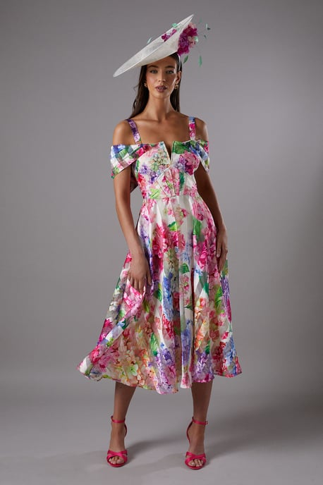 Lisa Tan Printed Organza Bardot Midi Dress - Image 1