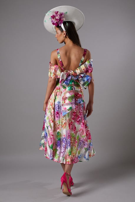 Lisa Tan Printed Organza Bardot Midi Dress - Image 3