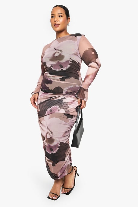 plus abstract print mesh flare sleeve midaxi dress - Image 1
