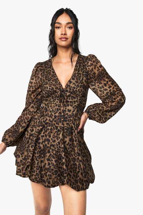 Chiffon Leopard Print Puff Sleeve Milkmaid Skater Dress - Image 1