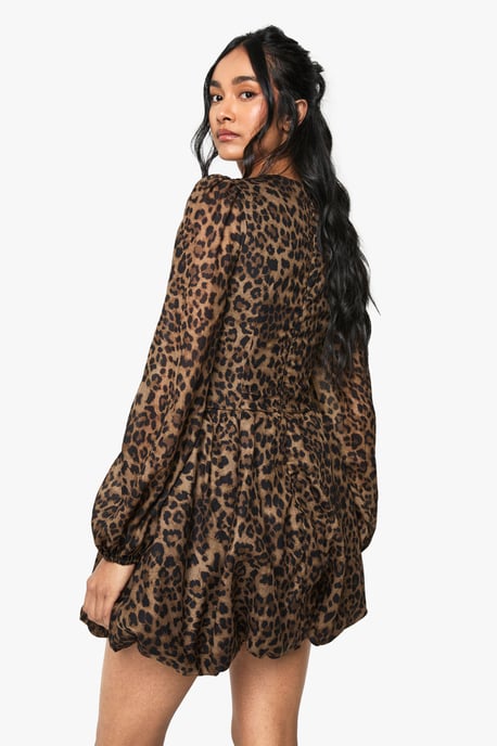 Chiffon Leopard Print Puff Sleeve Milkmaid Skater Dress - Image 2