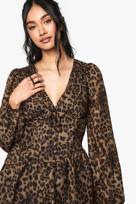Chiffon Leopard Print Puff Sleeve Milkmaid Skater Dress - Image 4