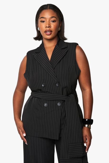 PLUS TIE FRONT PINSTRIPE WAISTCOAT - Image 1