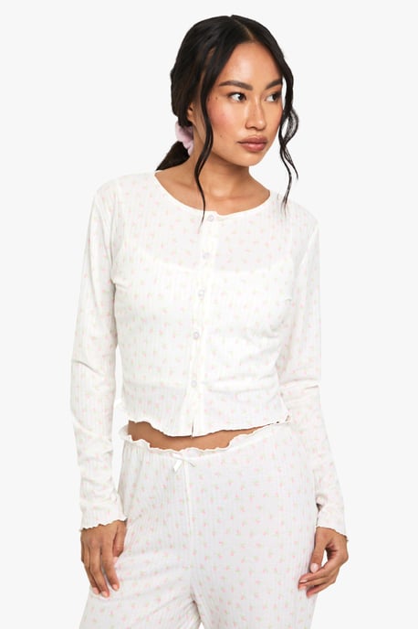 Mix & Match Floral Print Soft Rib Button Through Long Sleeved Pyjama Top - Image 1