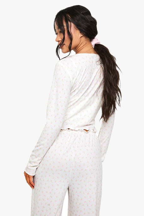 Mix & Match Floral Print Soft Rib Button Through Long Sleeved Pyjama Top - Image 2