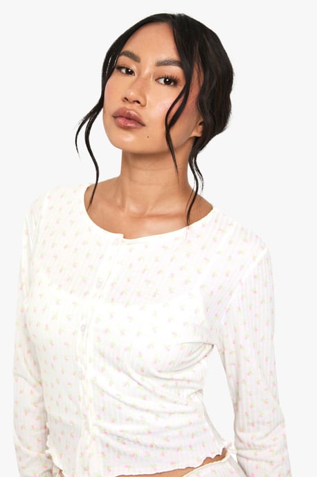 Mix & Match Floral Print Soft Rib Button Through Long Sleeved Pyjama Top - Image 4