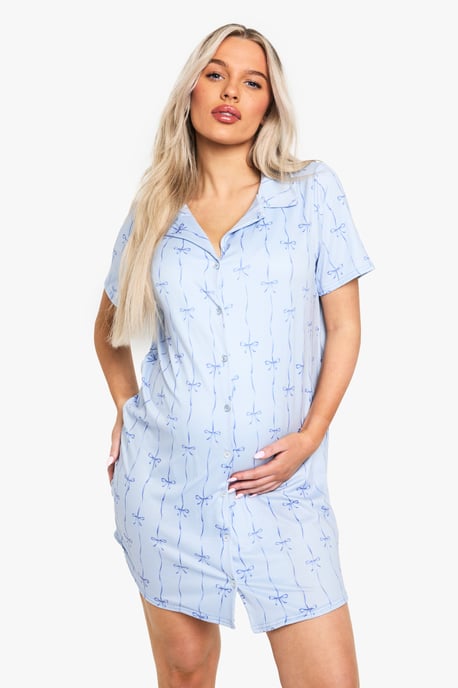 Maternity Bow Print Button Through Collar Nightie - Image 1
