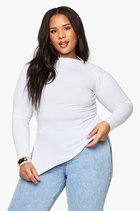 Plus Cotton Ruched Side Asymmetric Hem Long Sleeve Top - Image 1