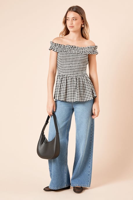Gingham Shirred Bodice Bardot Peplum Top - Image 1