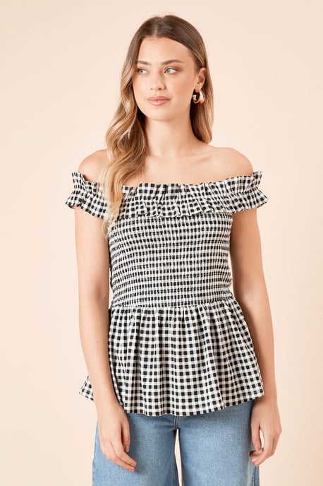 Gingham Shirred Bodice Bardot Peplum Top - Image 2