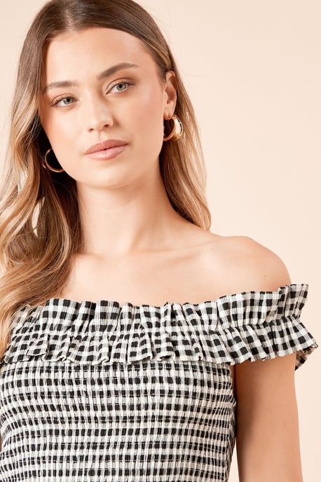 Gingham Shirred Bodice Bardot Peplum Top - Image 3