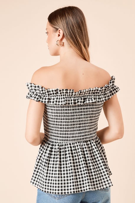 Gingham Shirred Bodice Bardot Peplum Top - Image 4
