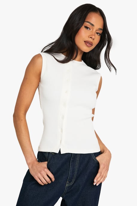 Heavy Rib Button Through Sleevless Top - Image 1